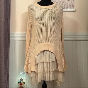 Simply Couture Beige Knit Top with Sheer Overlay